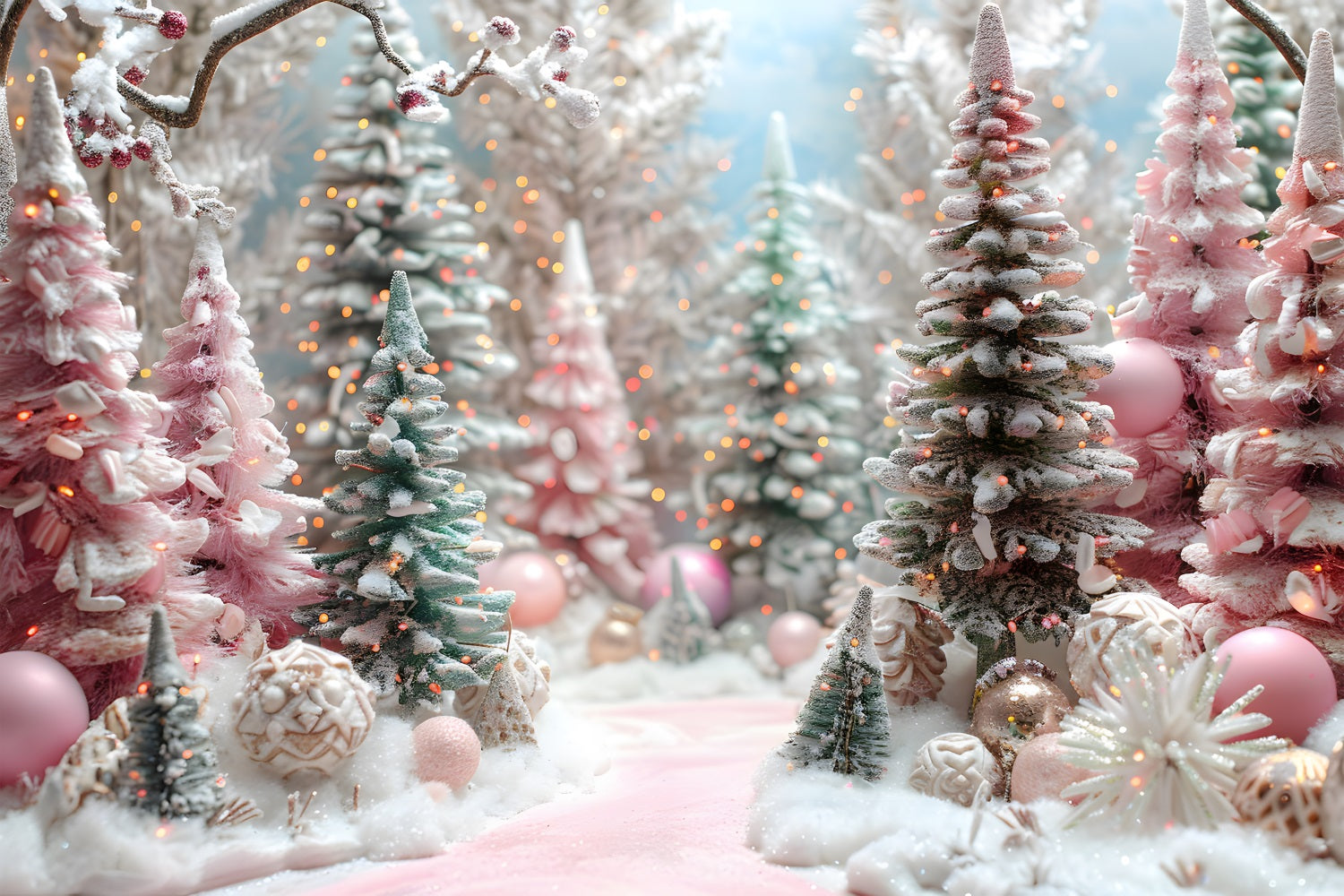 Toile de fond de Noël Forêt Rose avec Arbres Décorés RR7-601