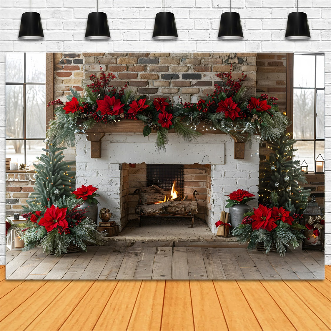 Toile de fond de Noël Cheminée Élégante avec Guirlande de Poinsettias RR7-624