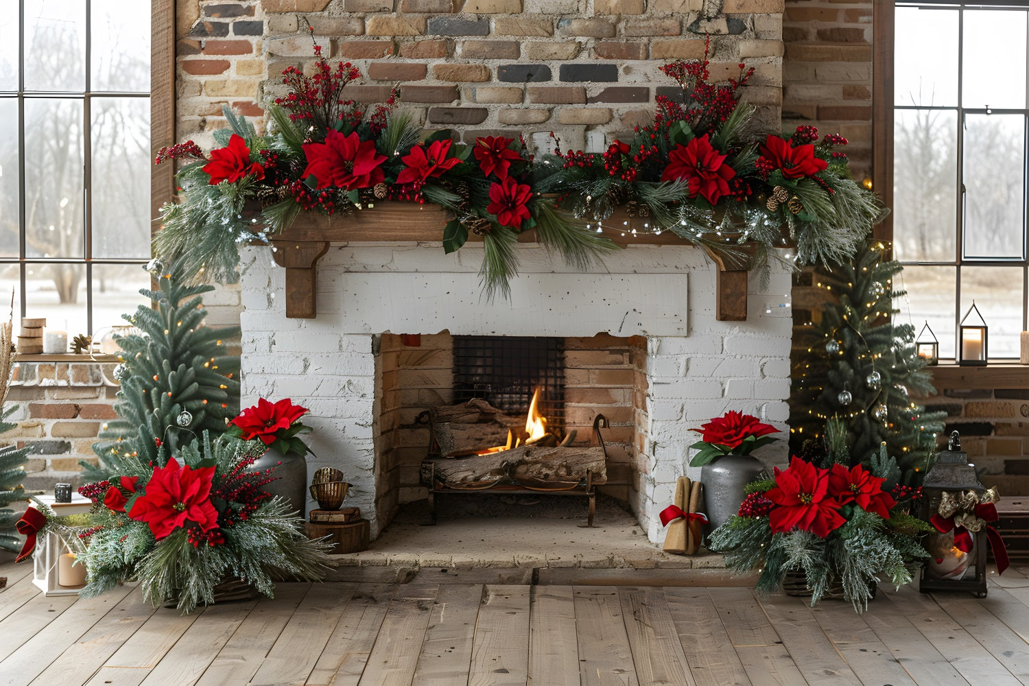 Toile de fond de Noël Cheminée Élégante avec Guirlande de Poinsettias RR7-624