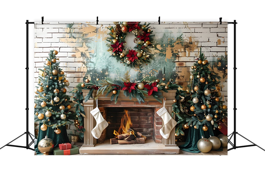 Toile de fond de Noël Cheminée Élégante avec Ornements Dorés RR7-626