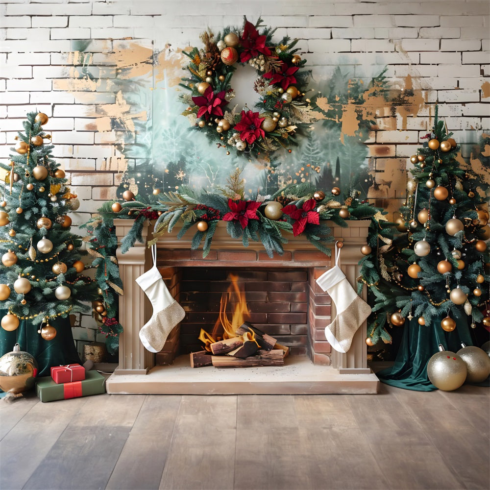Toile de fond de Noël Cheminée Élégante avec Ornements Dorés RR7-626