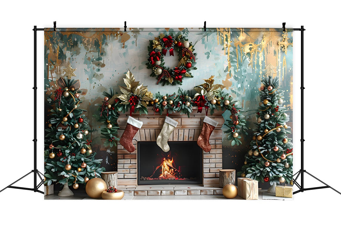 Toile de fond de Noël Cheminée Festive avec Décorations Rouges et Dorées RR7-627