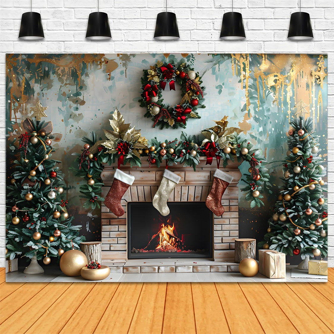 Toile de fond de Noël Cheminée Festive avec Décorations Rouges et Dorées RR7-627