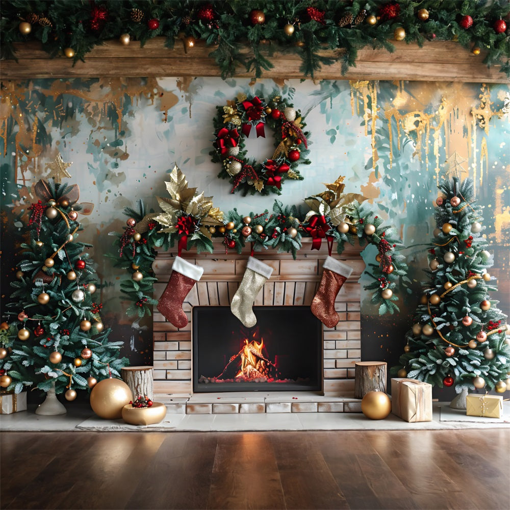 Toile de fond de Noël Cheminée Festive avec Décorations Rouges et Dorées RR7-627
