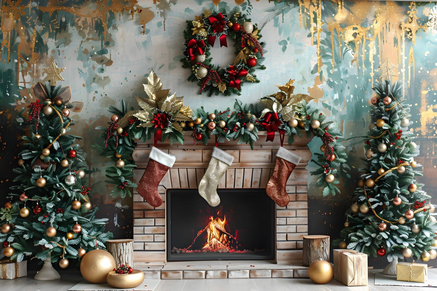 Toile de fond de Noël Cheminée Festive avec Décorations Rouges et Dorées RR7-627