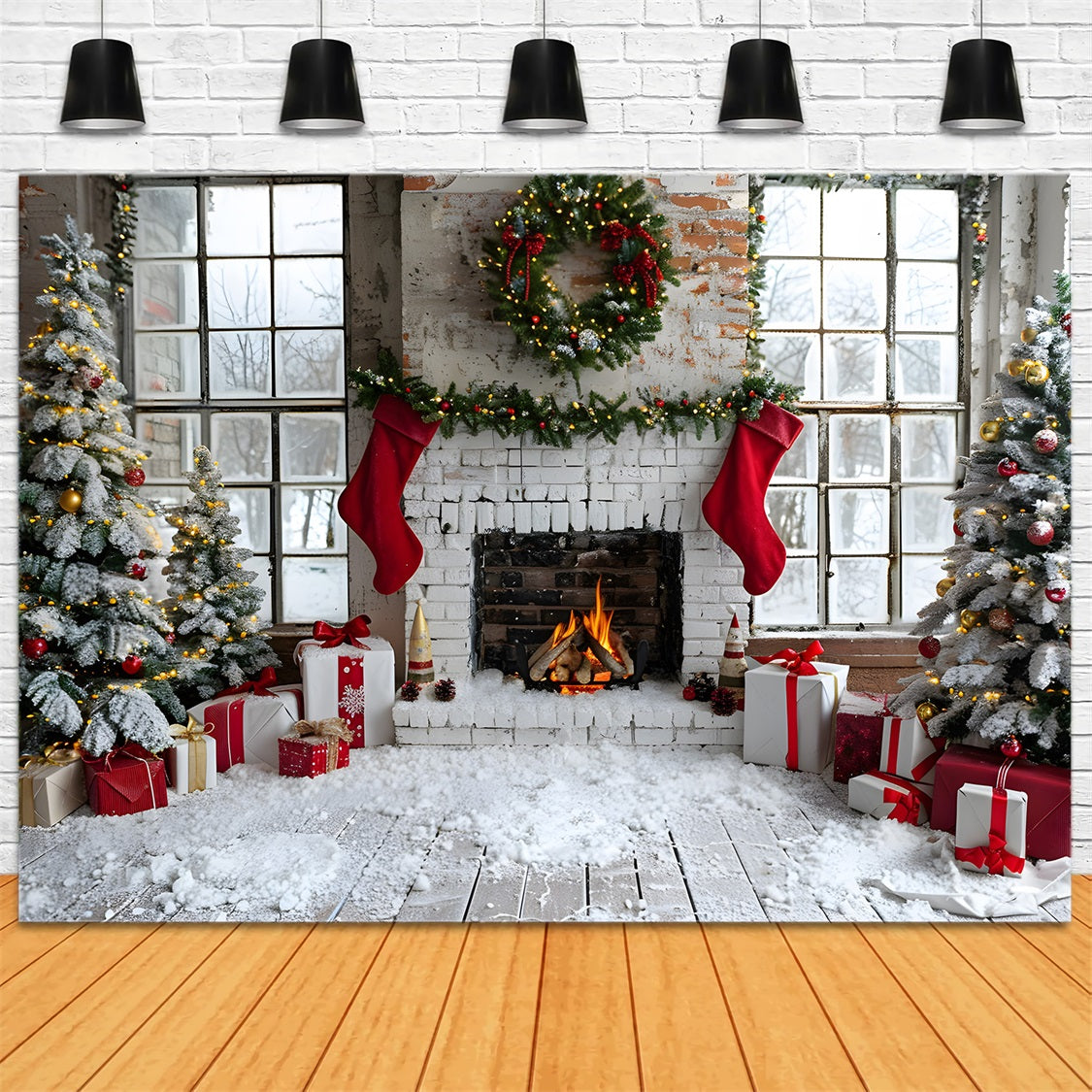 Toile de fond de Noël Cheminée avec Chaussettes et Arbre Cadeau RR7-629