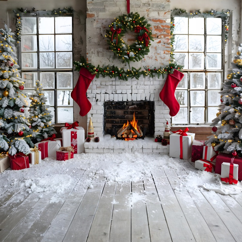 Toile de fond de Noël Cheminée avec Chaussettes et Arbre Cadeau RR7-629