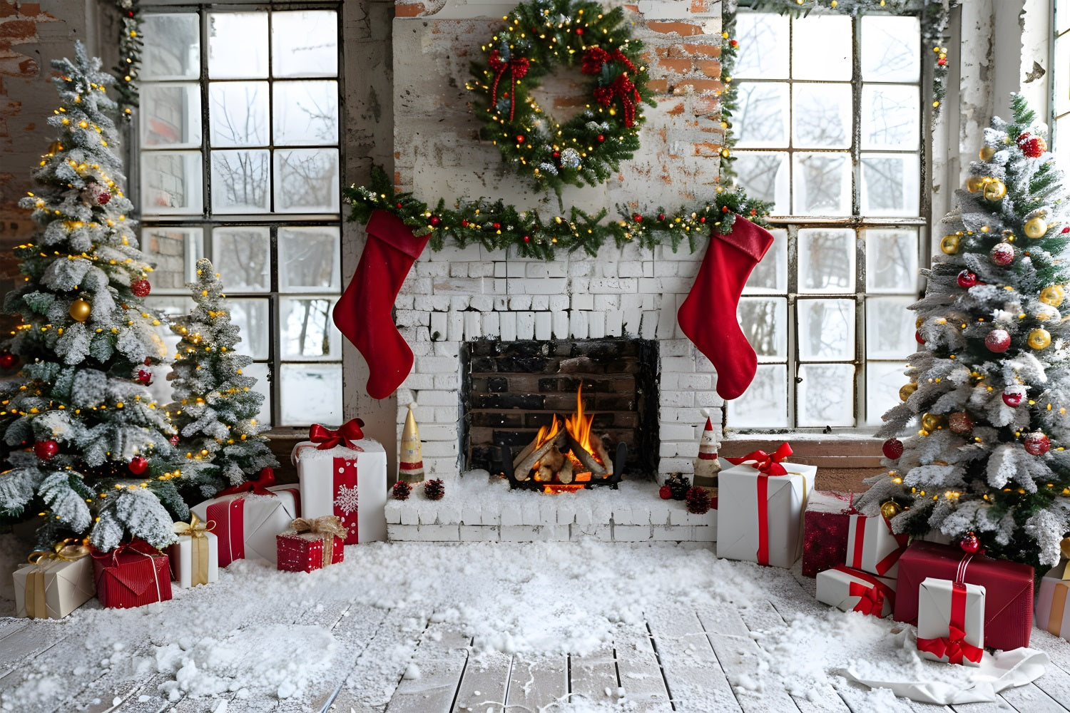 Toile de fond de Noël Cheminée avec Chaussettes et Arbre Cadeau RR7-629