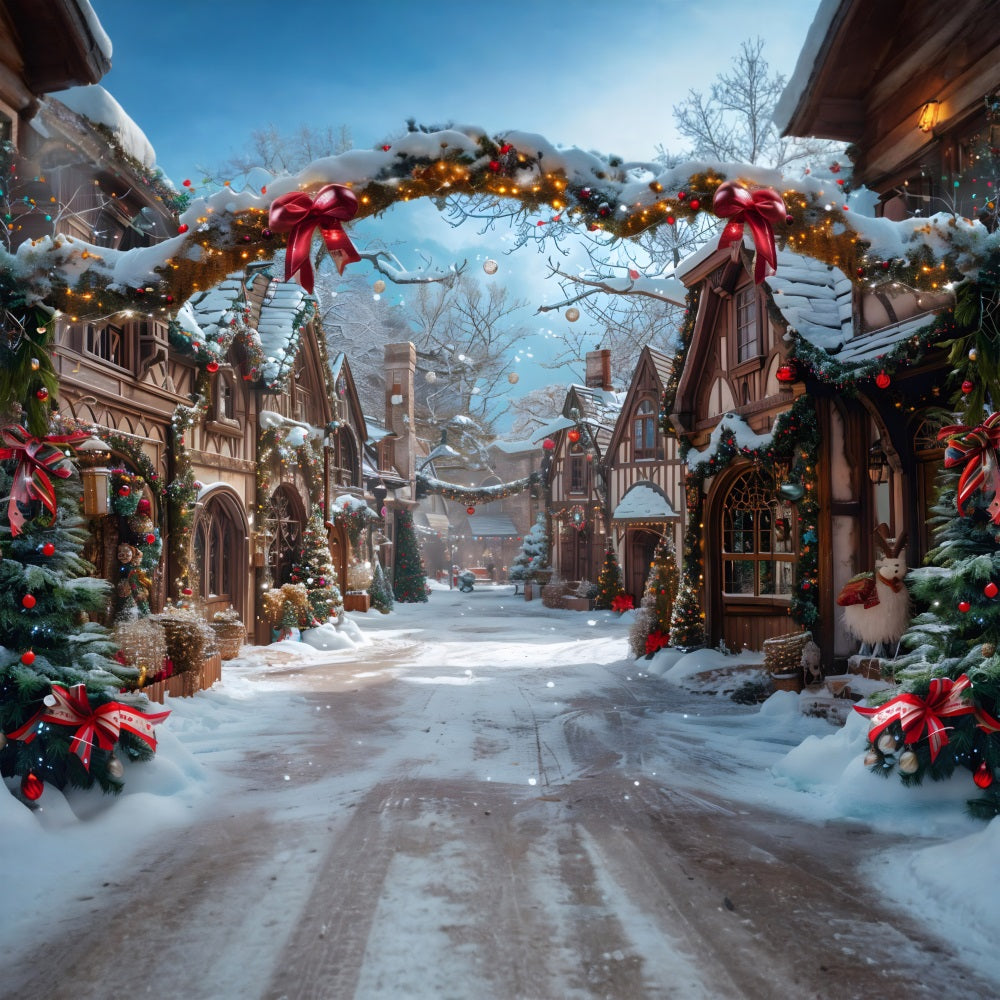 Toile de fond de Noël Village Conte de Fées Enneigé RR7-638