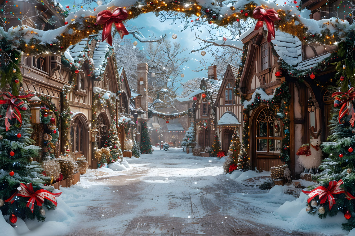 Toile de fond de Noël Village Conte de Fées Enneigé RR7-638