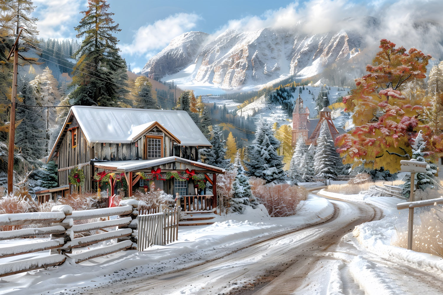 Toile de fond de Noël Chalet Montagnard Décoré RR7-640