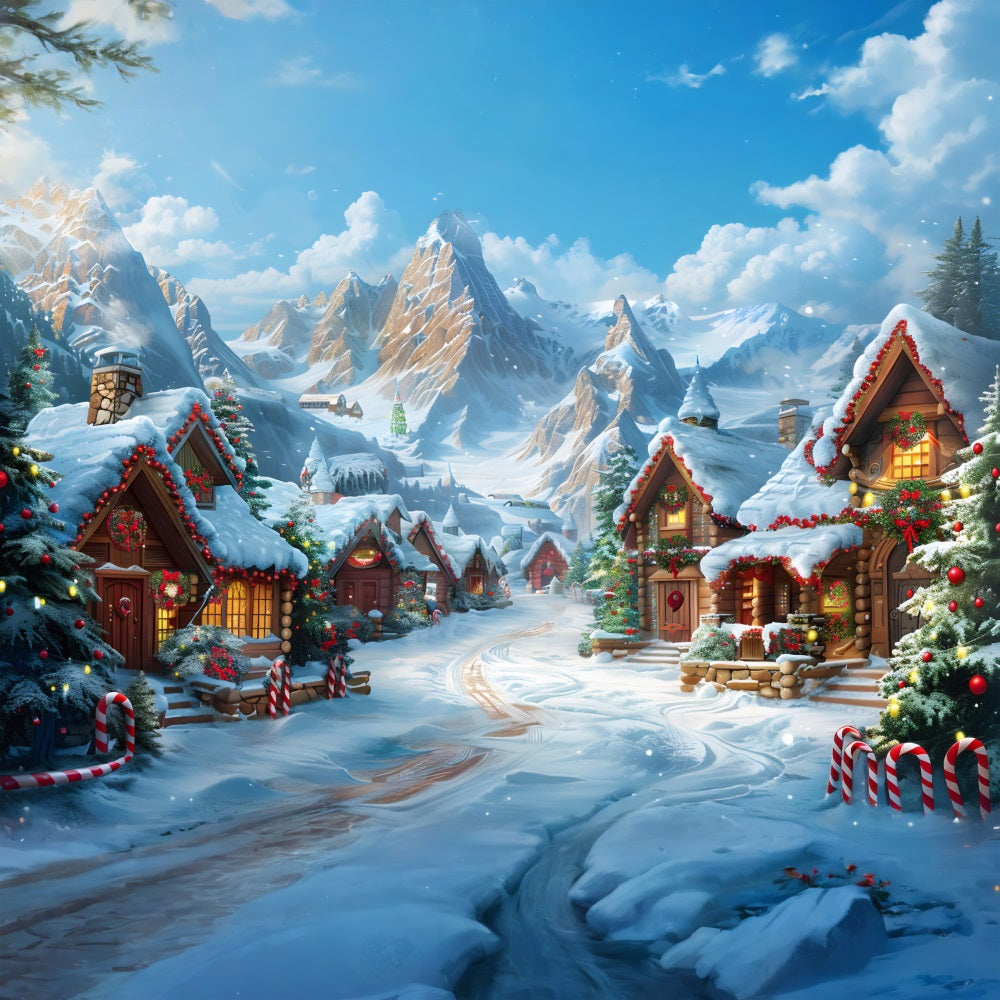 Toile de fond de Noël Cabines Enneigées du Village RR7-642