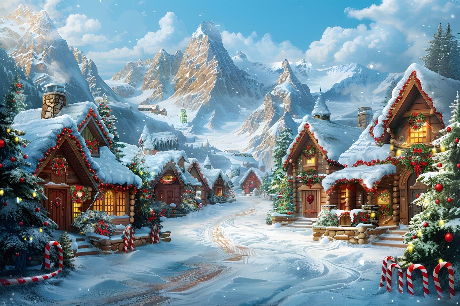 Toile de fond de Noël Cabines Enneigées du Village RR7-642