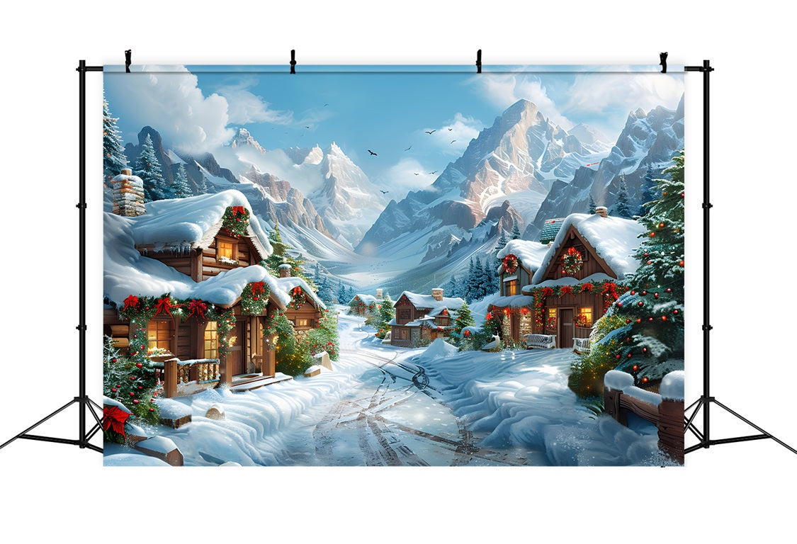 Toile de fond de Noël Scène Enneigée du Village Alpin RR7-643