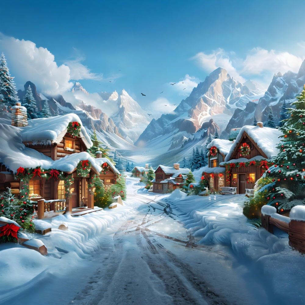 Toile de fond de Noël Scène Enneigée du Village Alpin RR7-643