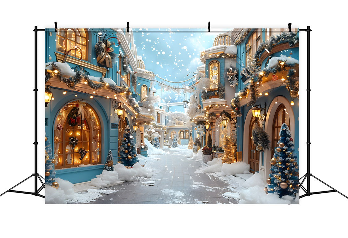 Toile de fond de Noël Village Enneigé avec Décorations Bleues Festives RR7-646
