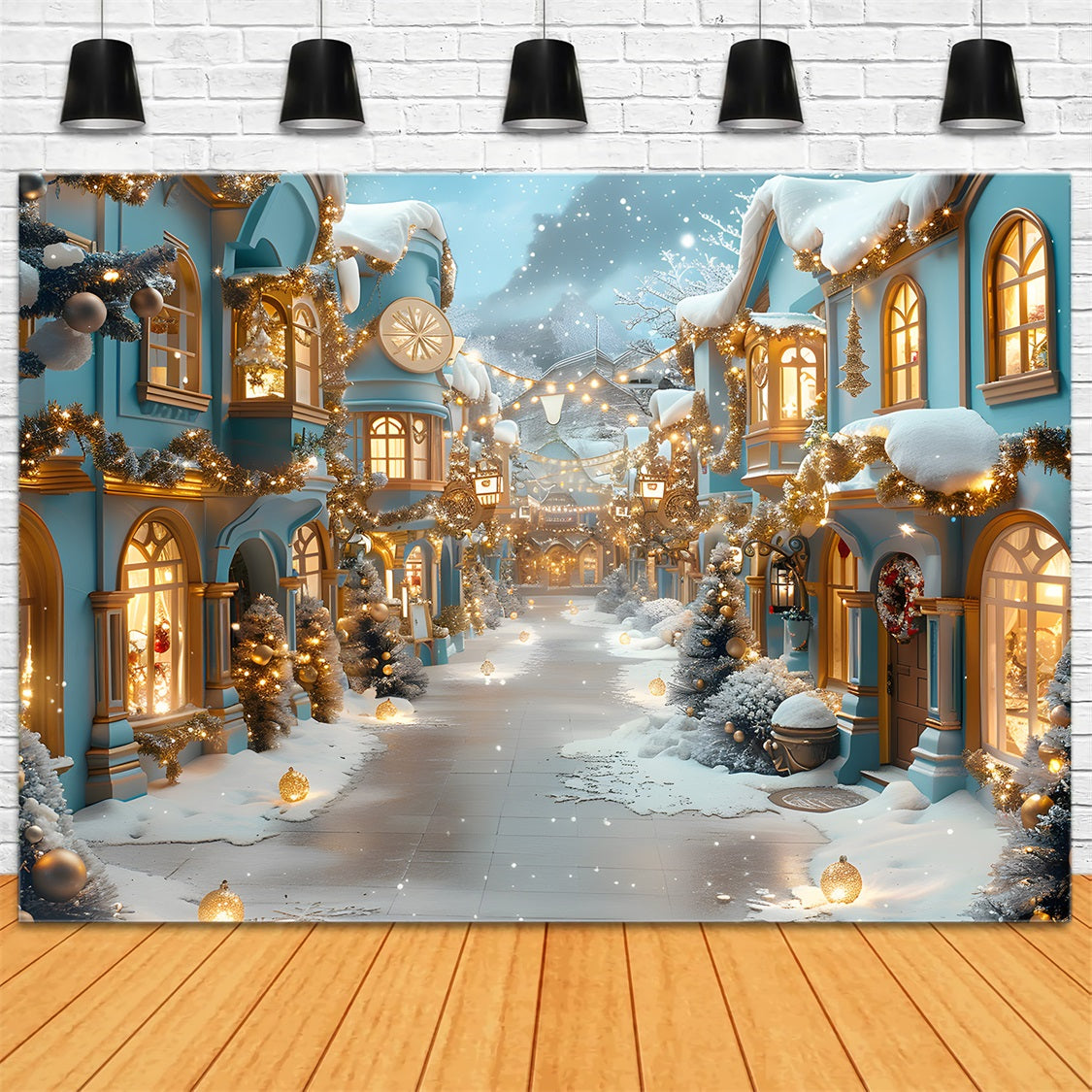 Toile de fond de Noël Allée Bleue Illuminée de Lanternes RR7-648