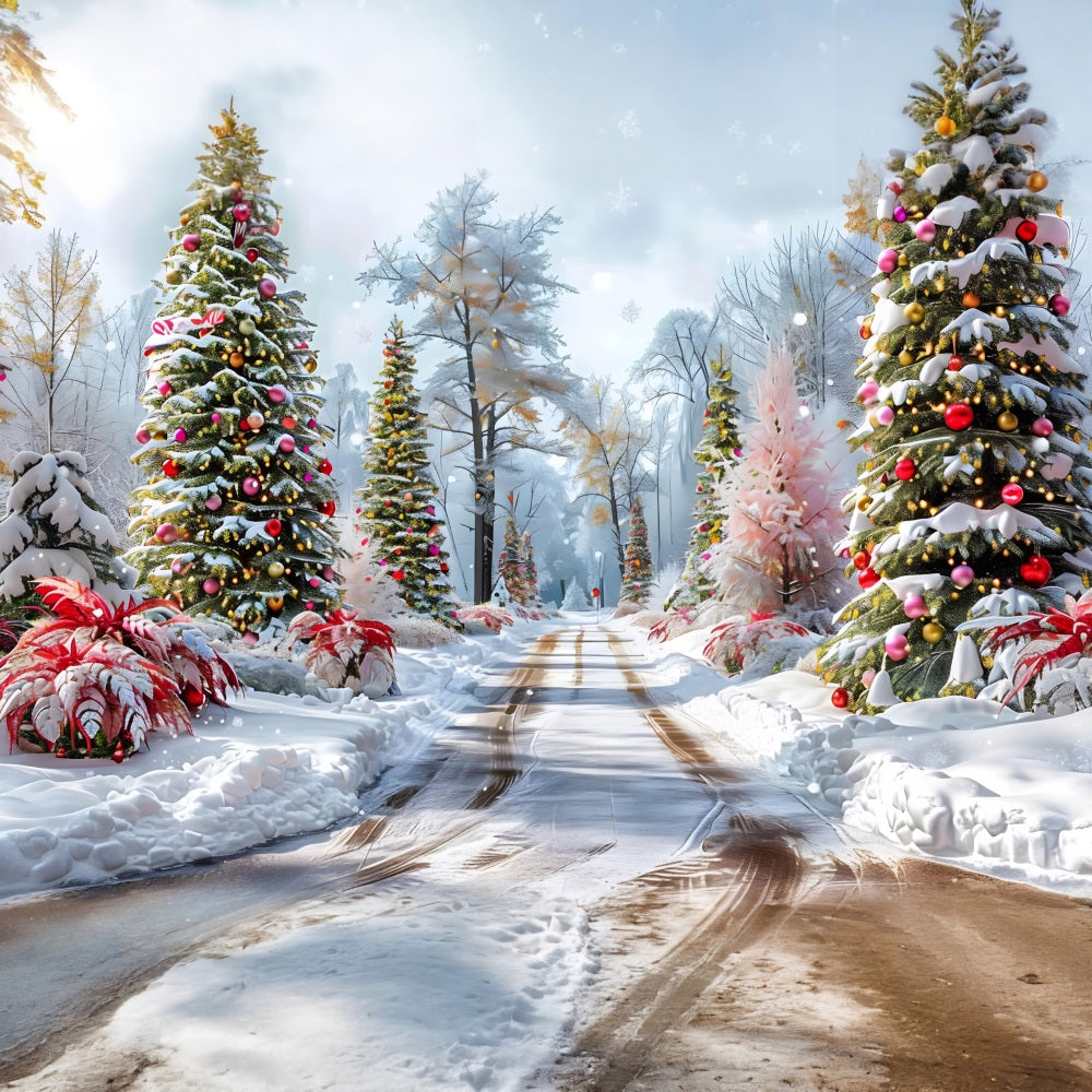 Toile de fond de Noël Chemin Forestier avec Arbres Décorés RR7-652