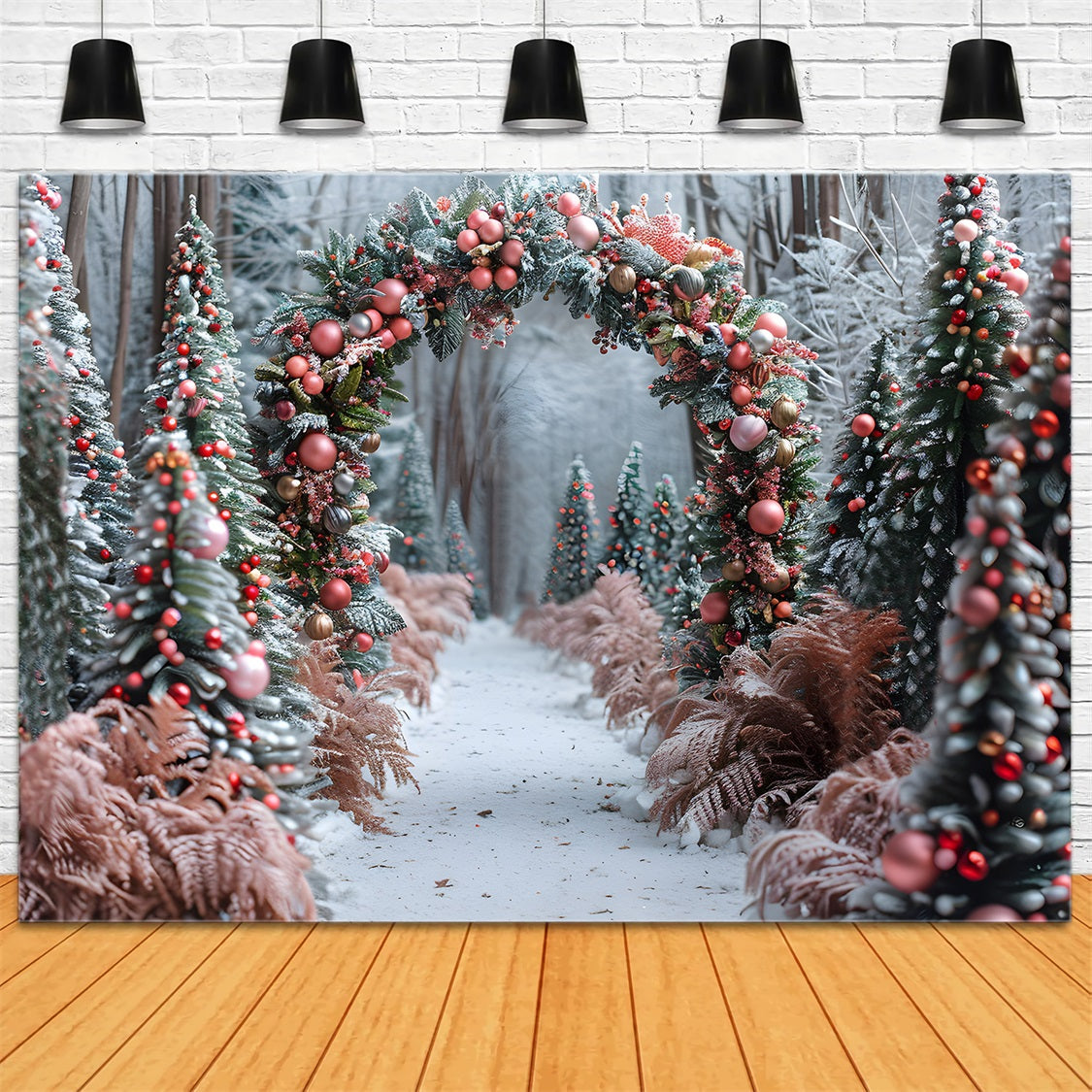 Toile de fond de Noël Arche Forestière Ornée de Boules Roses et Dorées RR7-653