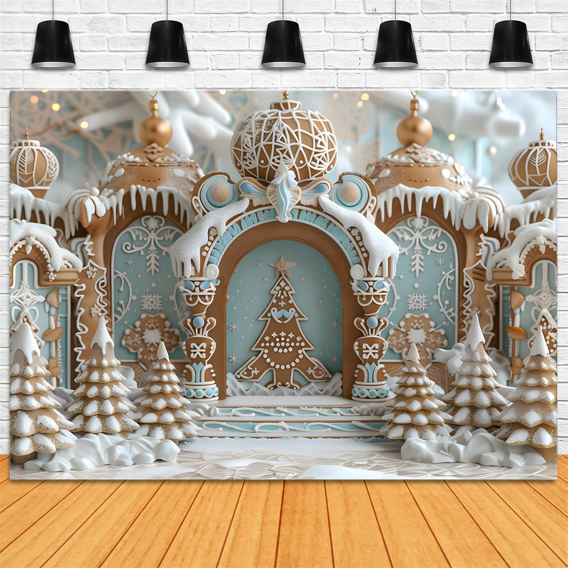 Toile de fond de Noël Château en Pain d’Épice avec Arbres Enneigés RR7-662