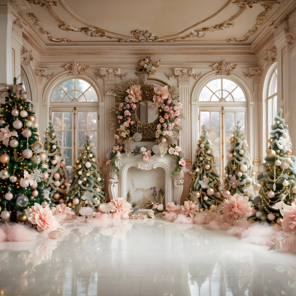 Toile de fond de Noël Cheminée Luxueuse Rose et Dorée RR7-664