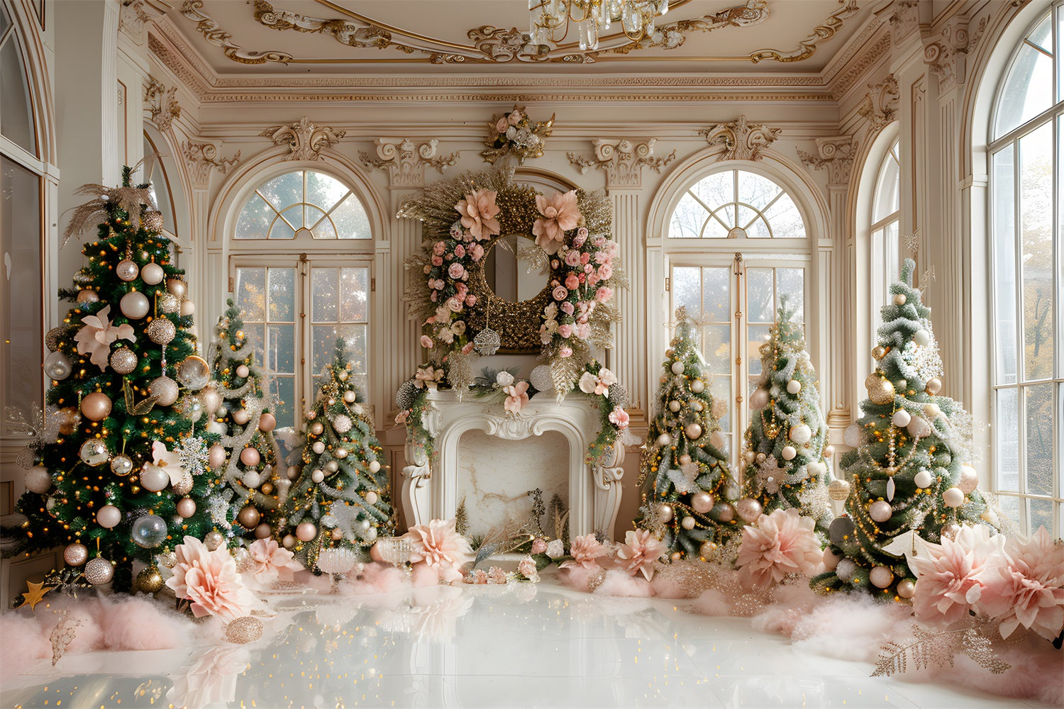 Toile de fond de Noël Cheminée Luxueuse Rose et Dorée RR7-664