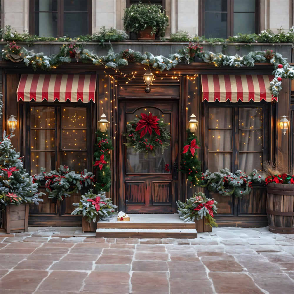 Toile de fond de Noël Façade de Boutique Festive avec Couronne et Guirlande RR7-668