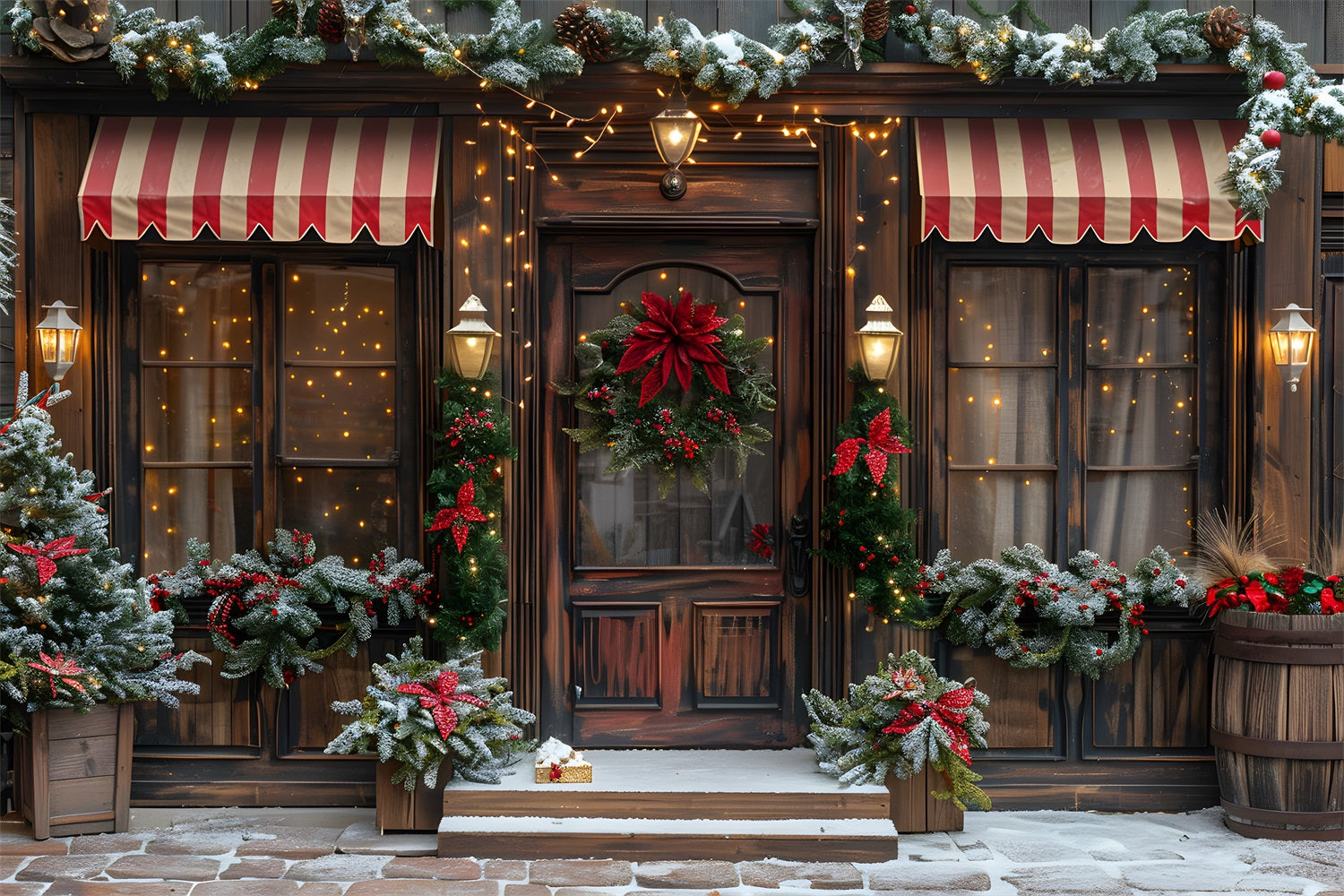 Toile de fond de Noël Façade de Boutique Festive avec Couronne et Guirlande RR7-668