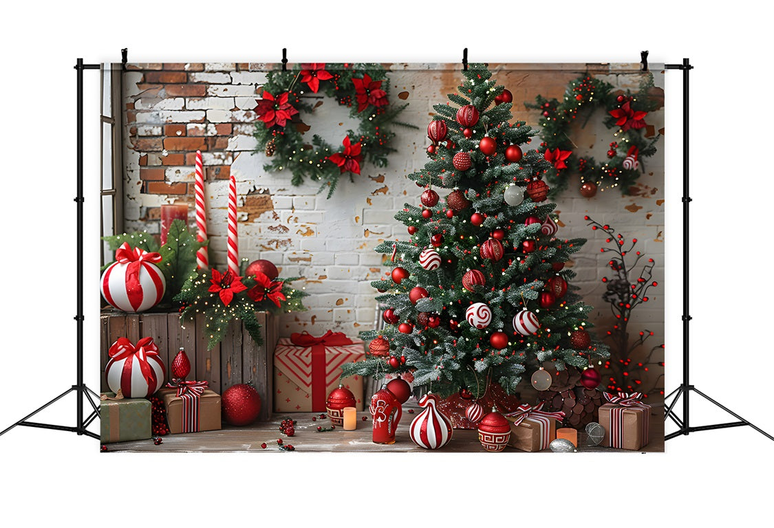 Toile de fond de Noël Mur de Briques Rustique Décorations Rouges Blanches RR7-676