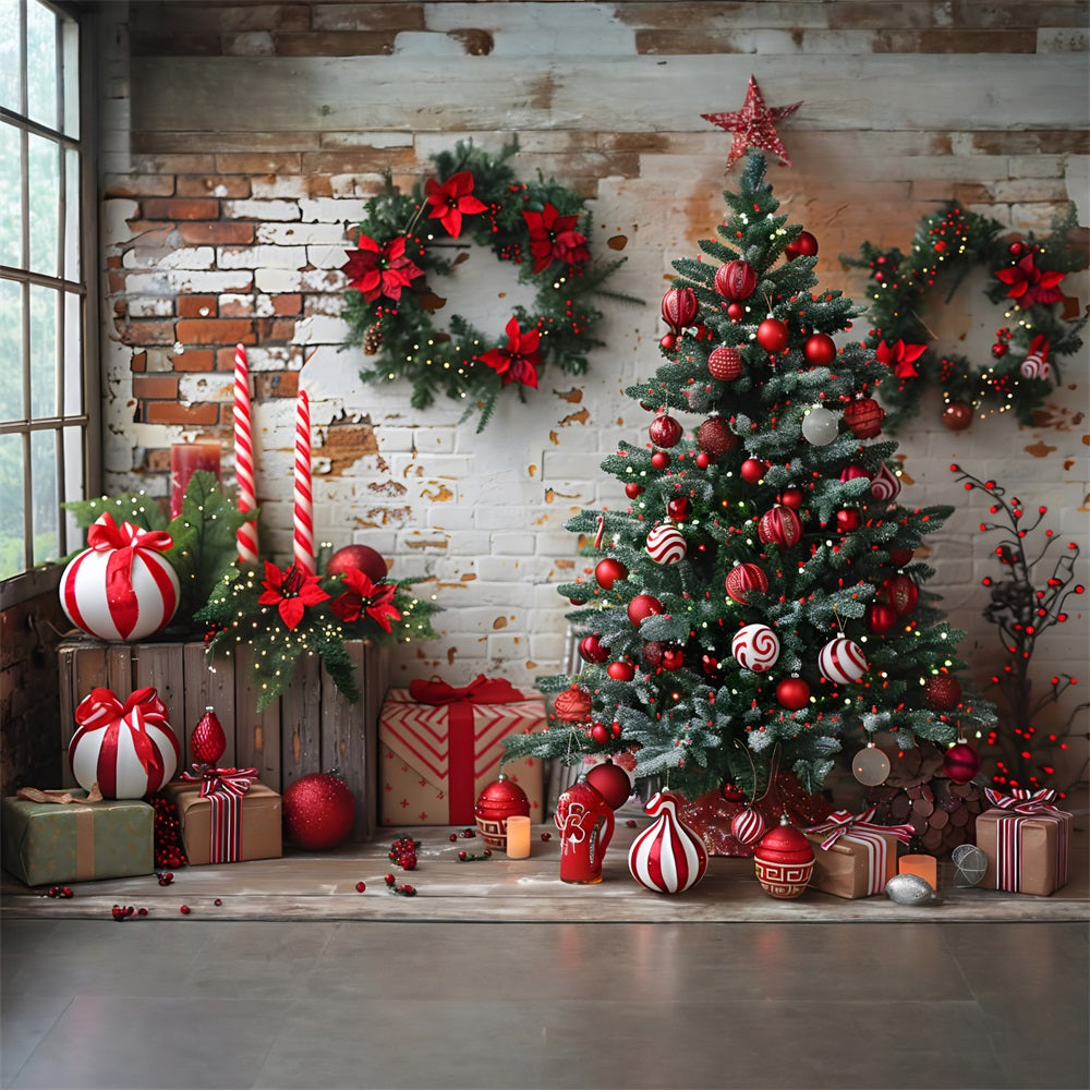 Toile de fond de Noël Mur de Briques Rustique Décorations Rouges Blanches RR7-676
