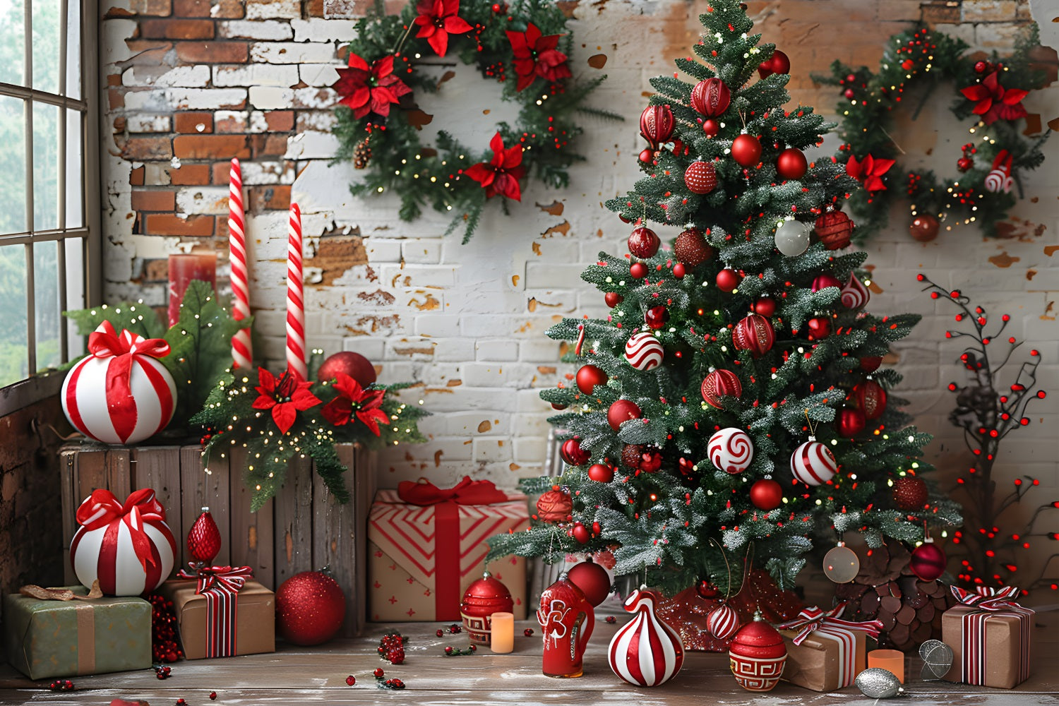 Toile de fond de Noël Mur de Briques Rustique Décorations Rouges Blanches RR7-676