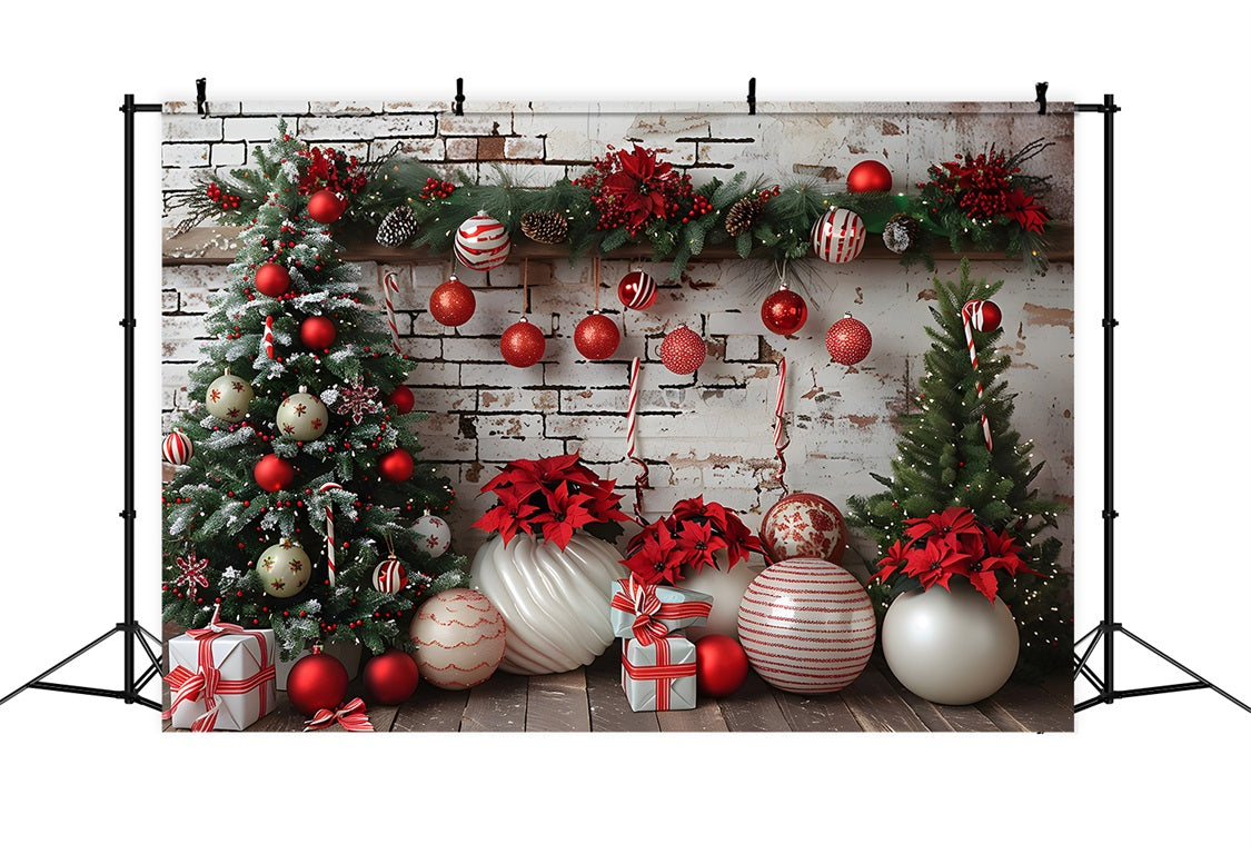 Toile de fond de Noël Mur de Briques Rustique Ornements Rouges et Blancs RR7-677