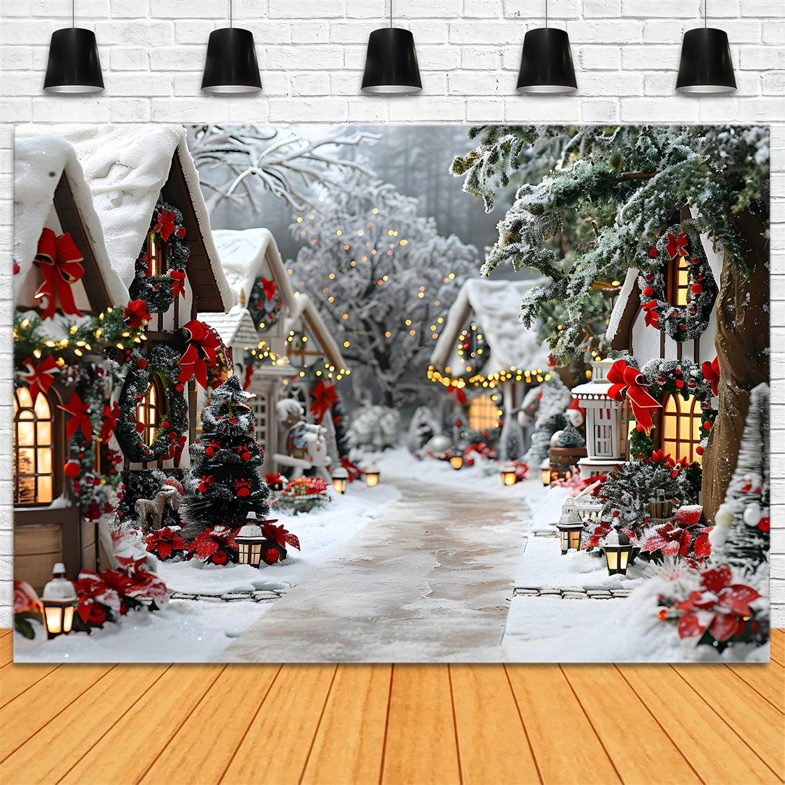 Toile de fond de Noël Village Enchanté avec Décorations de Nœuds RR7-679