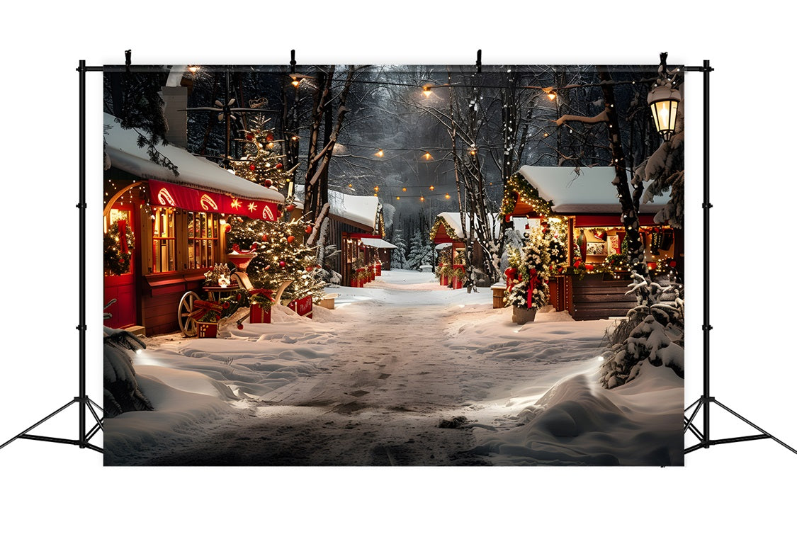 Toile de fond de Noël Stands de Marché en Forêt Enneigée la Nuit RR7-681