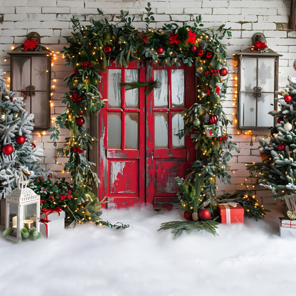 Toile de fond de Noël Porte Rouge Rustique avec Guirlande Festive RR7-689
