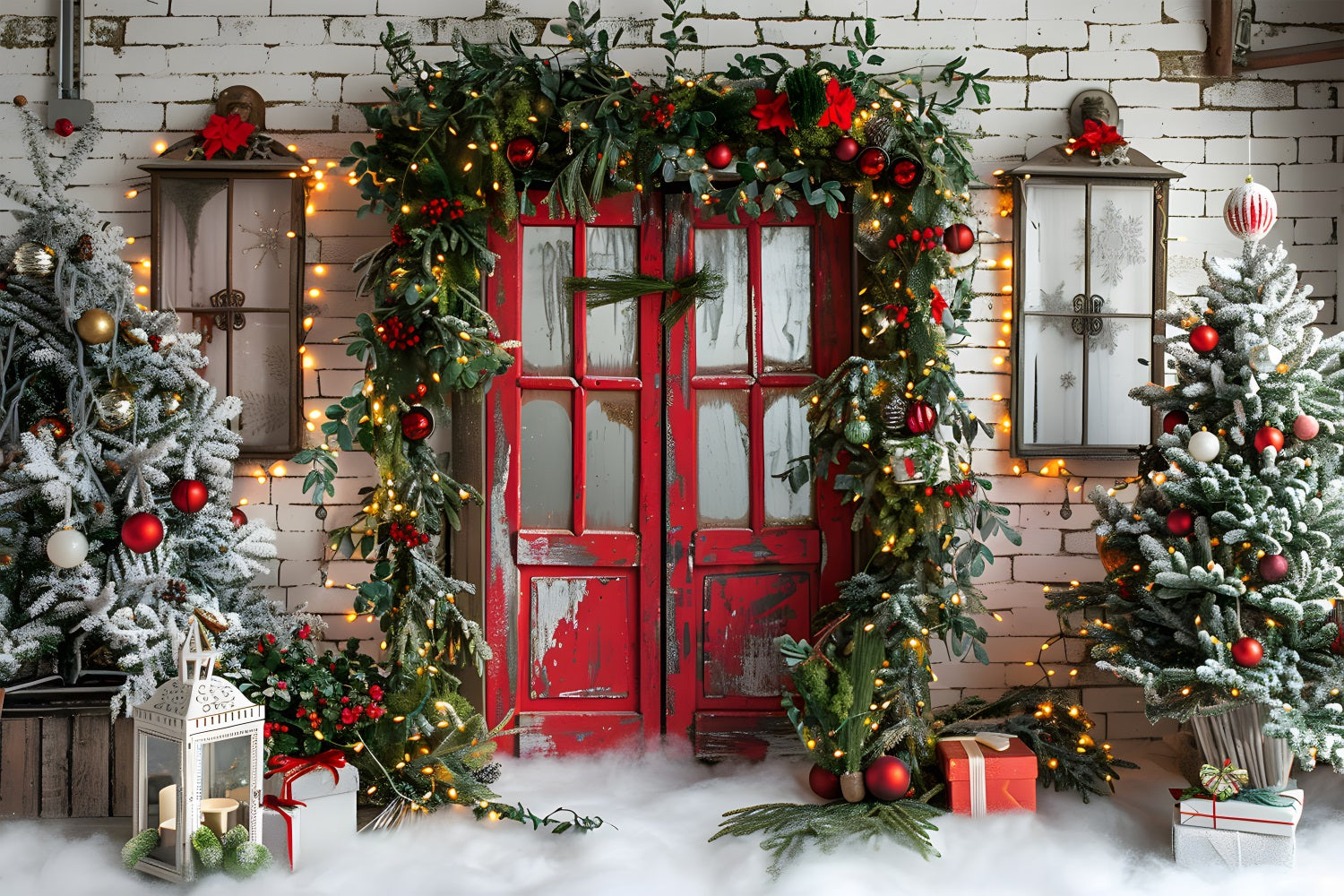 Toile de fond de Noël Porte Rouge Rustique avec Guirlande Festive RR7-689
