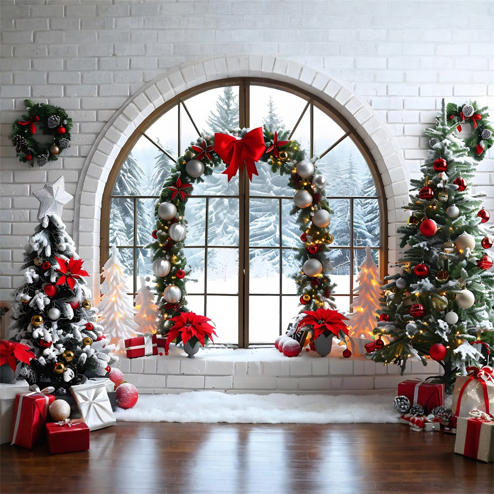 Toile de fond de Noël Fenêtre en Arche avec Vue sur la Forêt Enneigée RR7-693