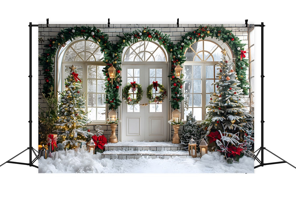 Toile de fond de Noël Entrée Élégante en Arche avec Couronnes et Arbres RR7-695