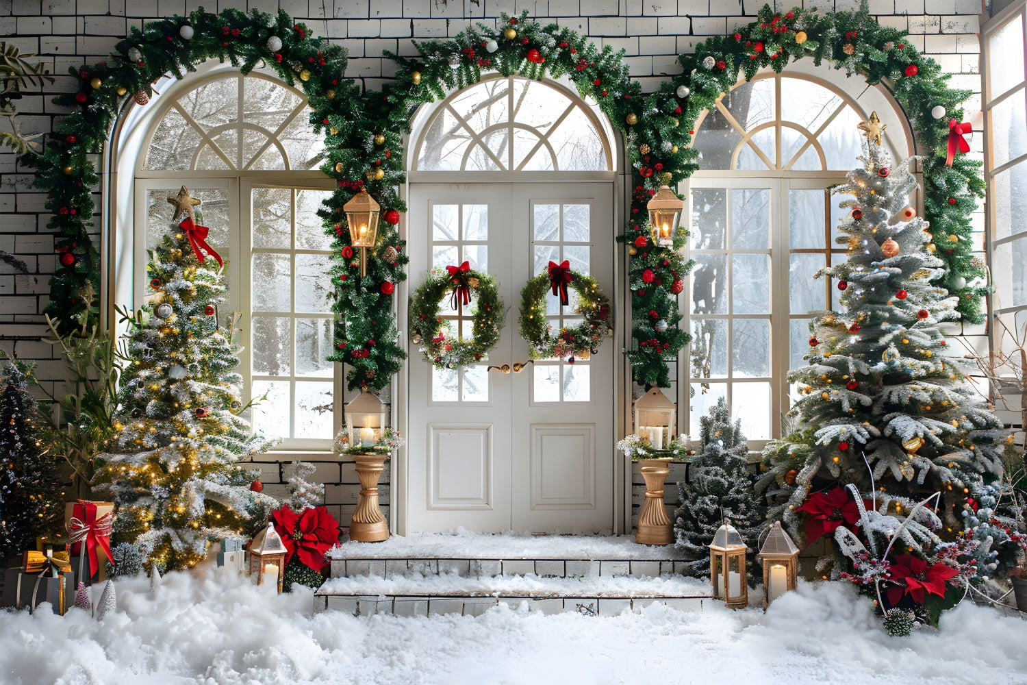 Toile de fond de Noël Entrée Élégante en Arche avec Couronnes et Arbres RR7-695