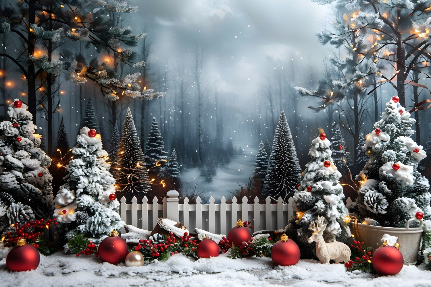 Toile de fond de Noël Scène Hivernale Enchantée en Forêt RR7-704