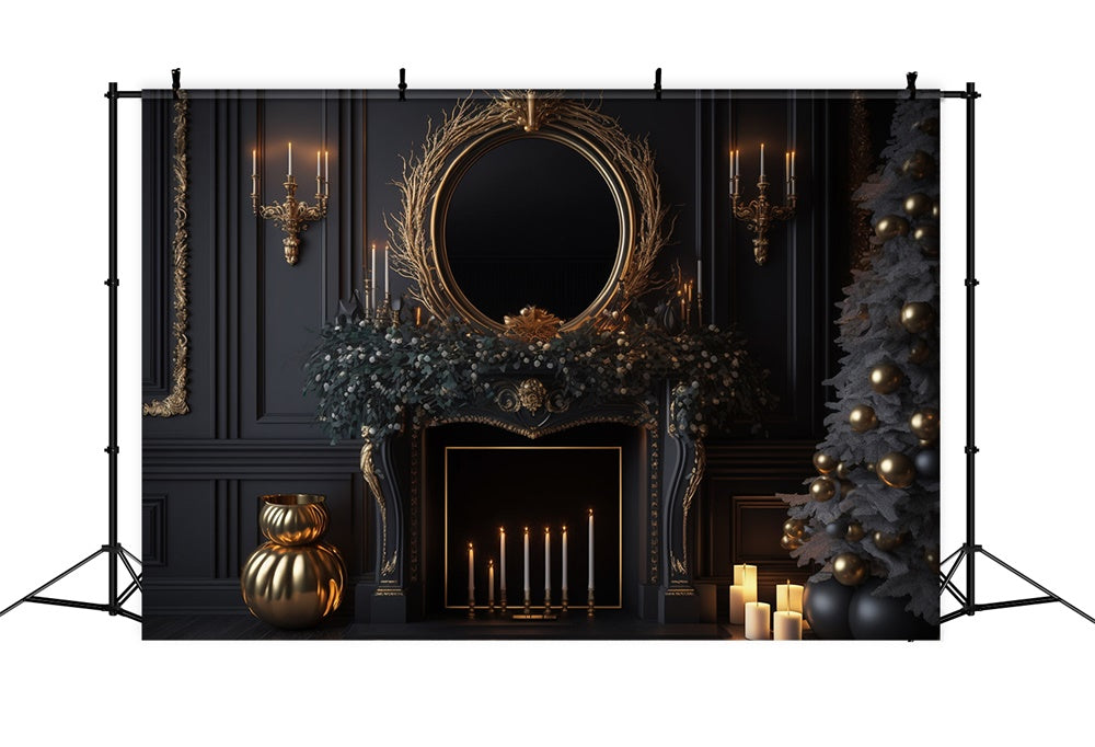 Toile de fond de Mur Noir avec Cheminée et Arbre de Noël RR7-713
