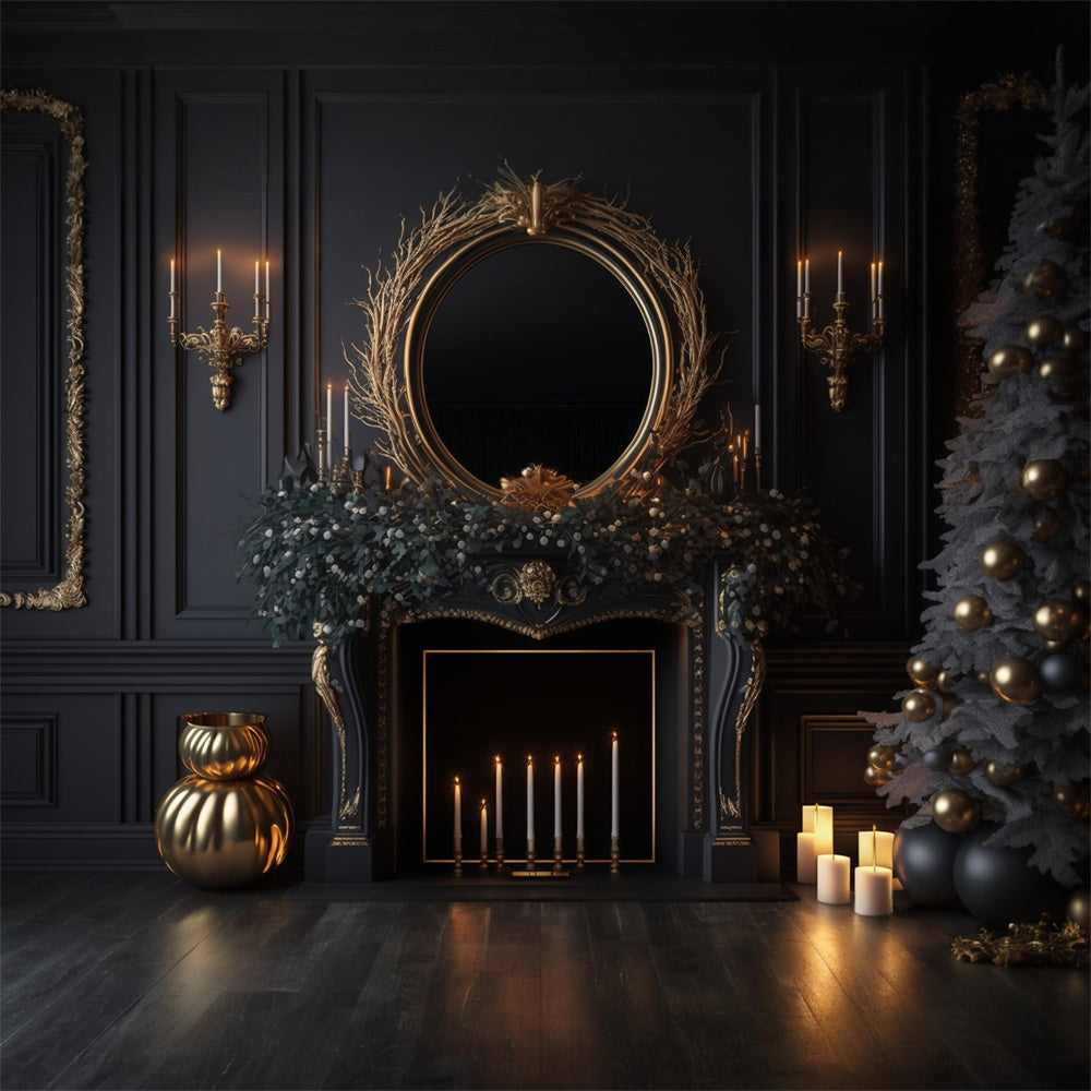 Toile de fond de Mur Noir avec Cheminée et Arbre de Noël RR7-713