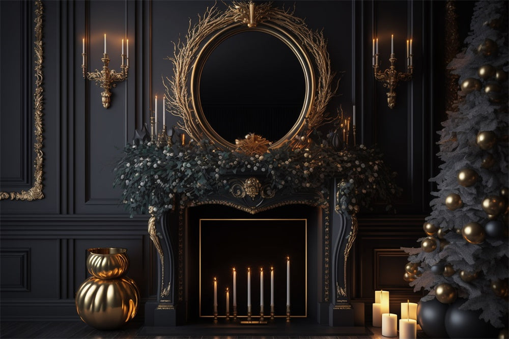 Toile de fond de Mur Noir avec Cheminée et Arbre de Noël RR7-713