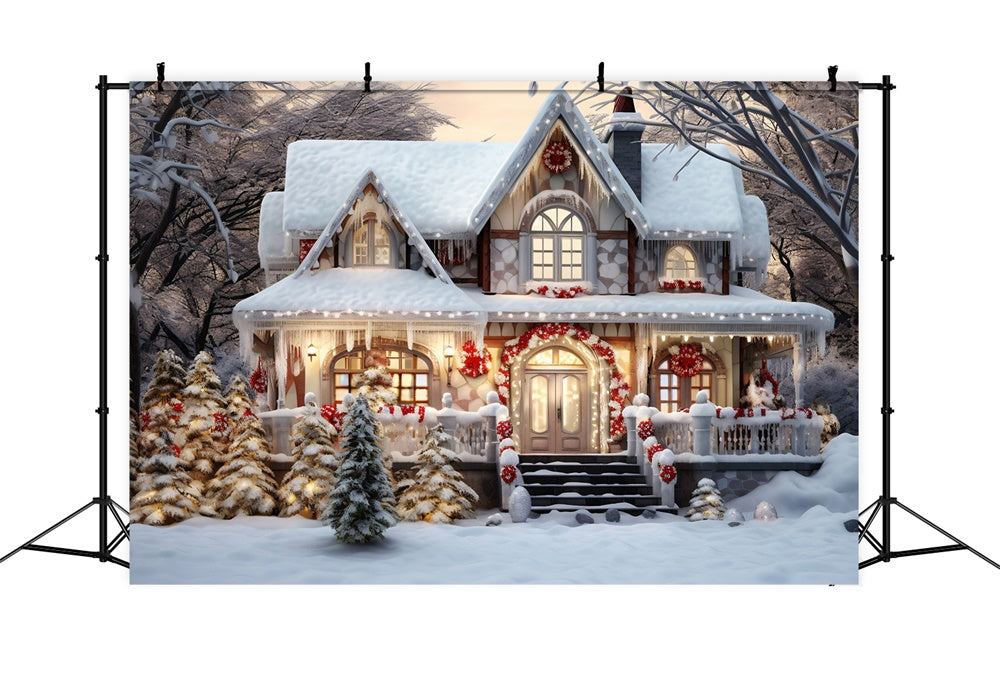 Toile de fond de Maison des Bois Neigeux et Arbre de Noël RR7-720