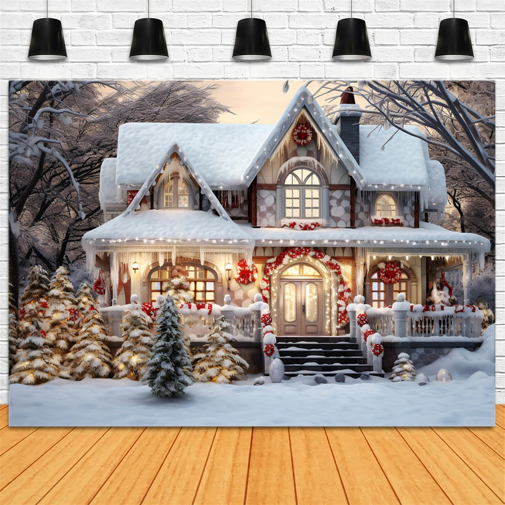 Toile de fond de Maison des Bois Neigeux et Arbre de Noël RR7-720