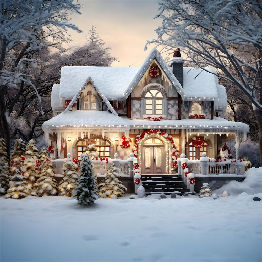 Toile de fond de Maison des Bois Neigeux et Arbre de Noël RR7-720