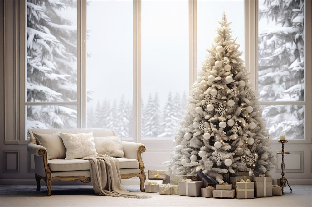 Toile de fond de Pièce Cozy avec Fenêtre Neigeuse et Arbre de Noël RR7-726