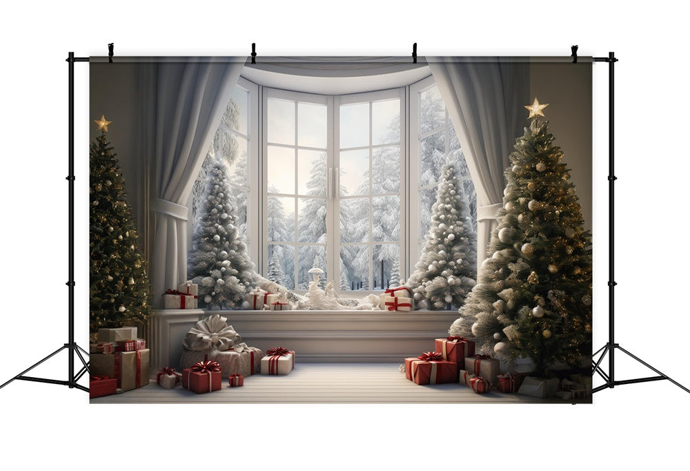 Toile de fond de Fenêtre avec Paysage Neigeux et Arbre de Noël RR7-728