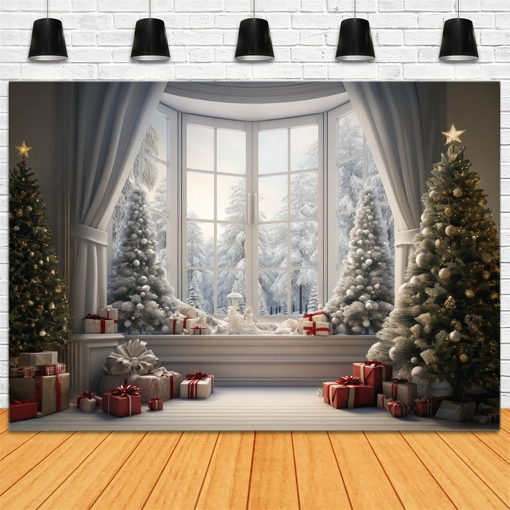 Toile de fond de Fenêtre avec Paysage Neigeux et Arbre de Noël RR7-728