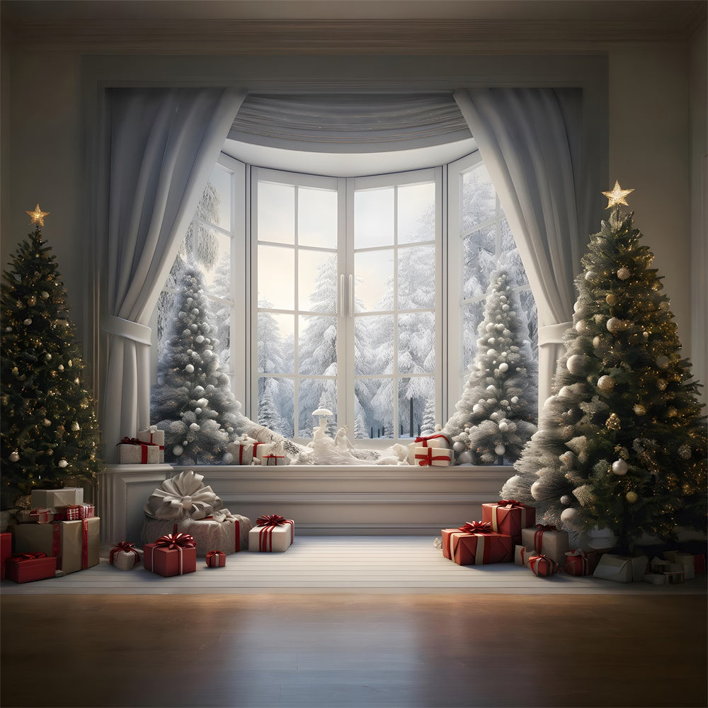 Toile de fond de Fenêtre avec Paysage Neigeux et Arbre de Noël RR7-728